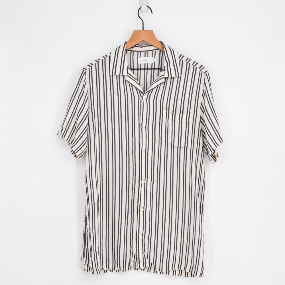 Onia Vacation Stripe Shirt White Blue Mens M Short Sleeve Button Down Minimalist